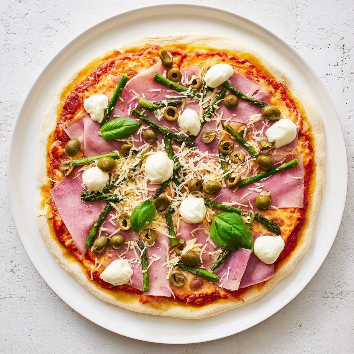 Savory homemade Italian-style pizza topped with ham, olives, asparagus, and ricotta on a perfectly baked crust for a family dinner.