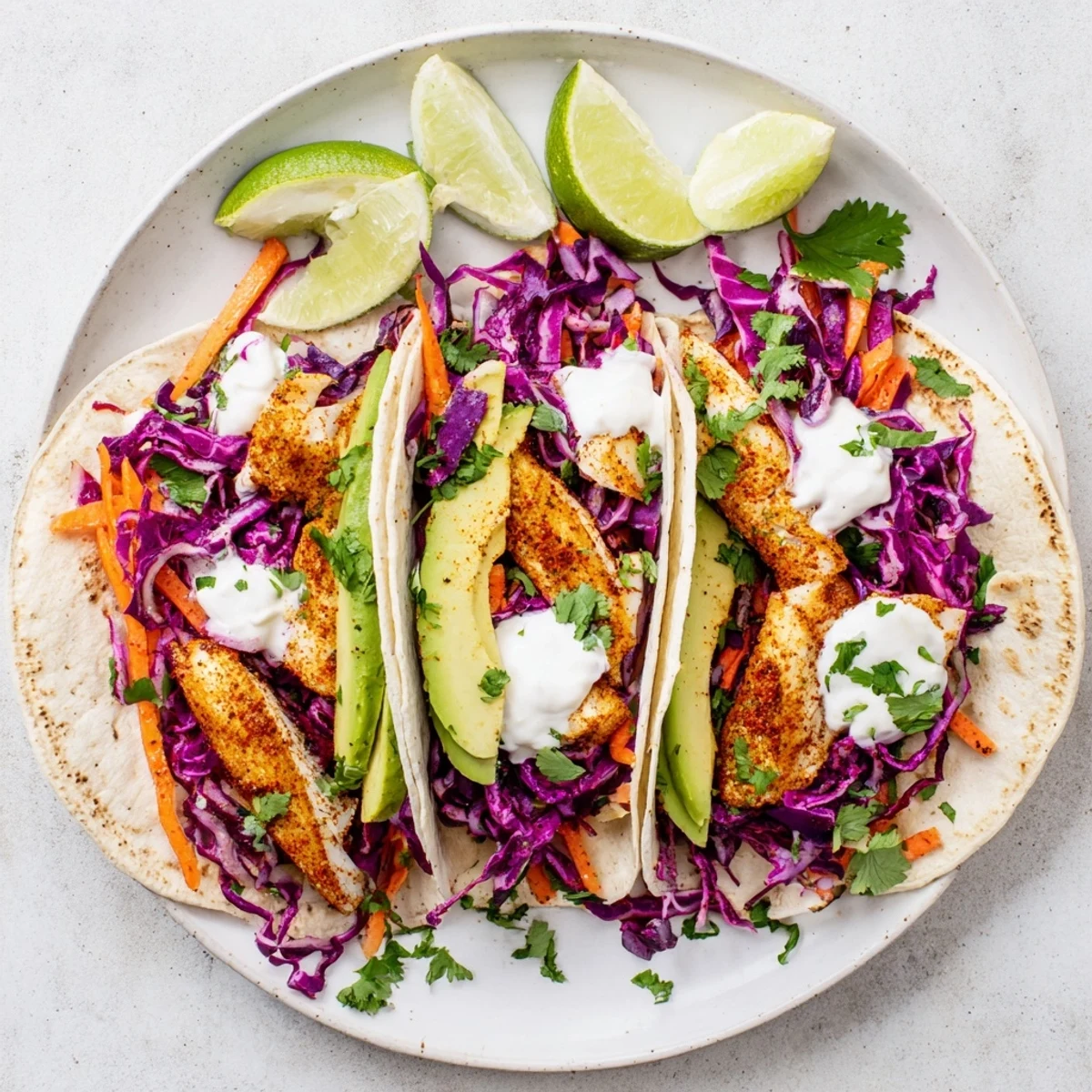 A close-up of Easy As Aussie Barra Tacos features flaky fish, crunchy slaw, and creamy toppings on a rustic wooden table.