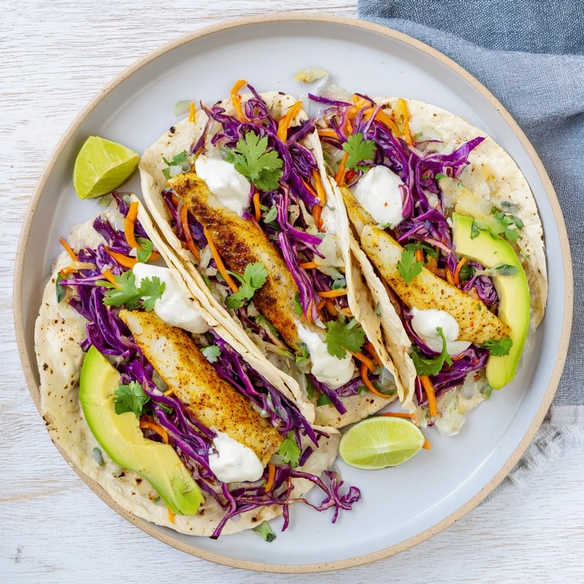 Colorful Easy As Aussie Barra Tacos with vibrant slaw and avocado slices are served on a plate, ready for a healthy meal.