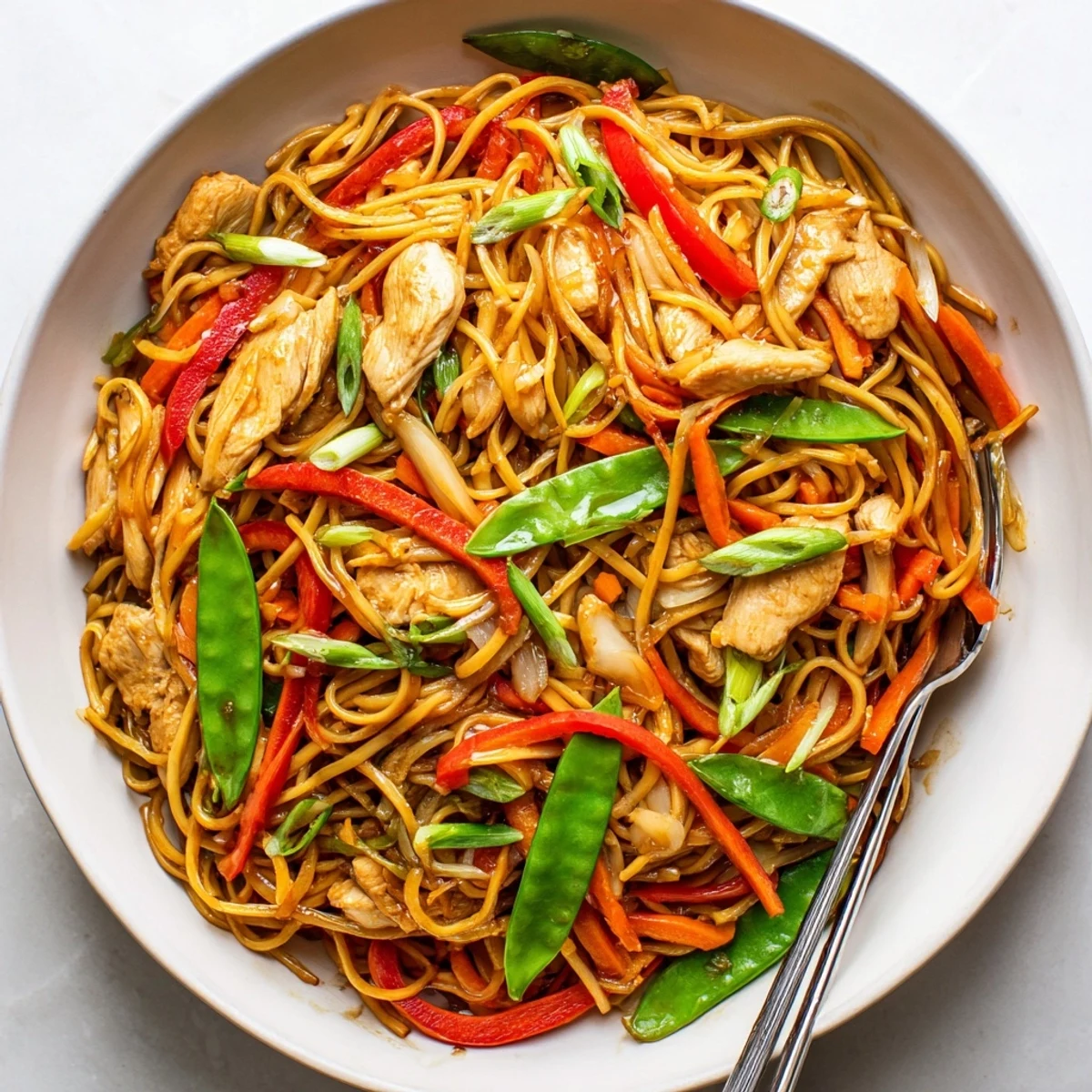 Sizzling chicken and crisp vegetables in wok, tossed with noodles and savory sauce for Chicken Chow Mein.