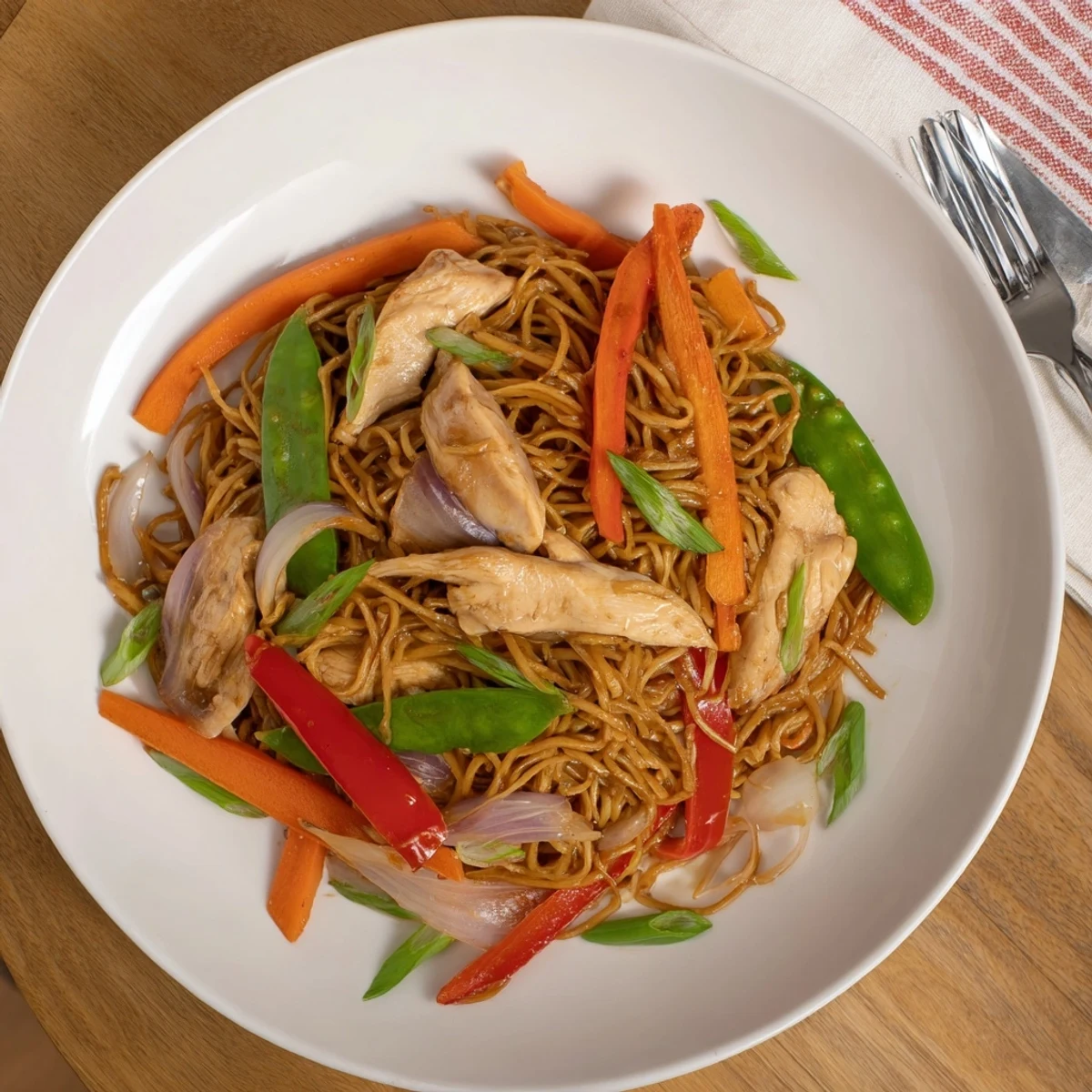 Hearty bowl of Chicken Chow Mein with tender chicken, bean sprouts, and stir-fried noodles on white plate.