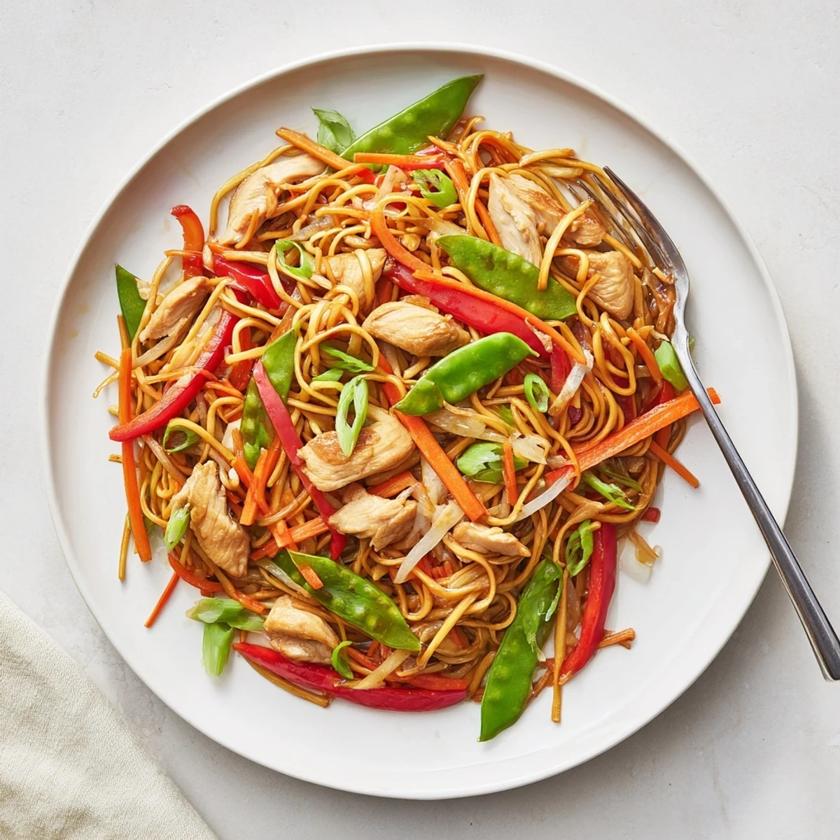 Homemade Chicken Chow Mein dinner served steaming hot, garnished with scallions and paired with chopsticks.