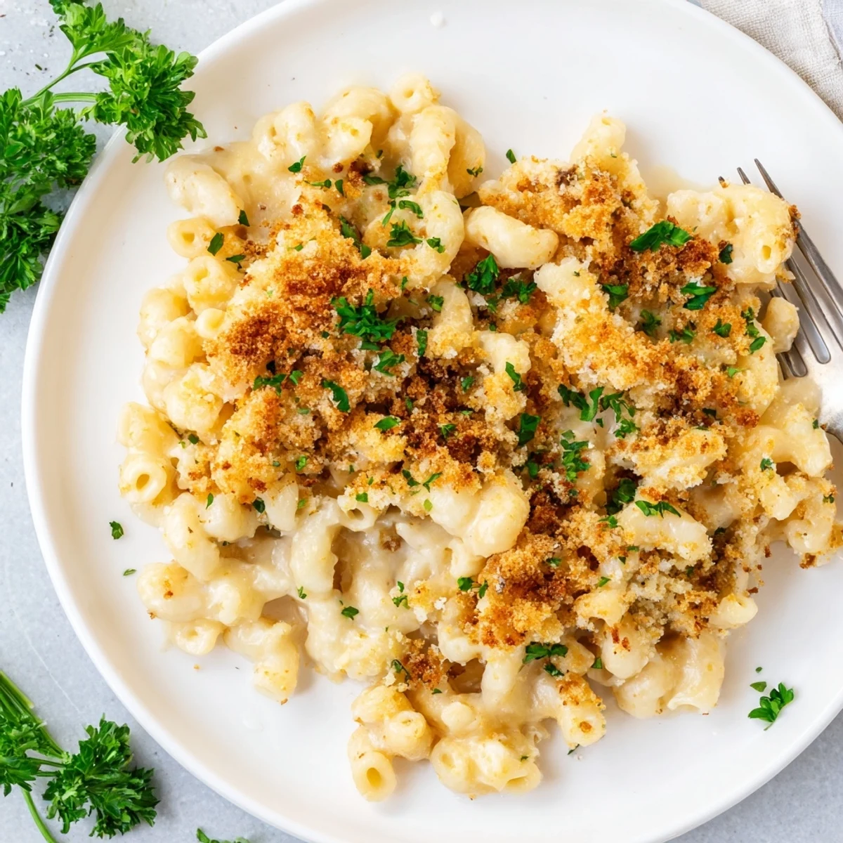 Golden brown Baked Mac and Cheese bubbling from the oven with a crunchy panko crust and creamy cheddar sauce inside.