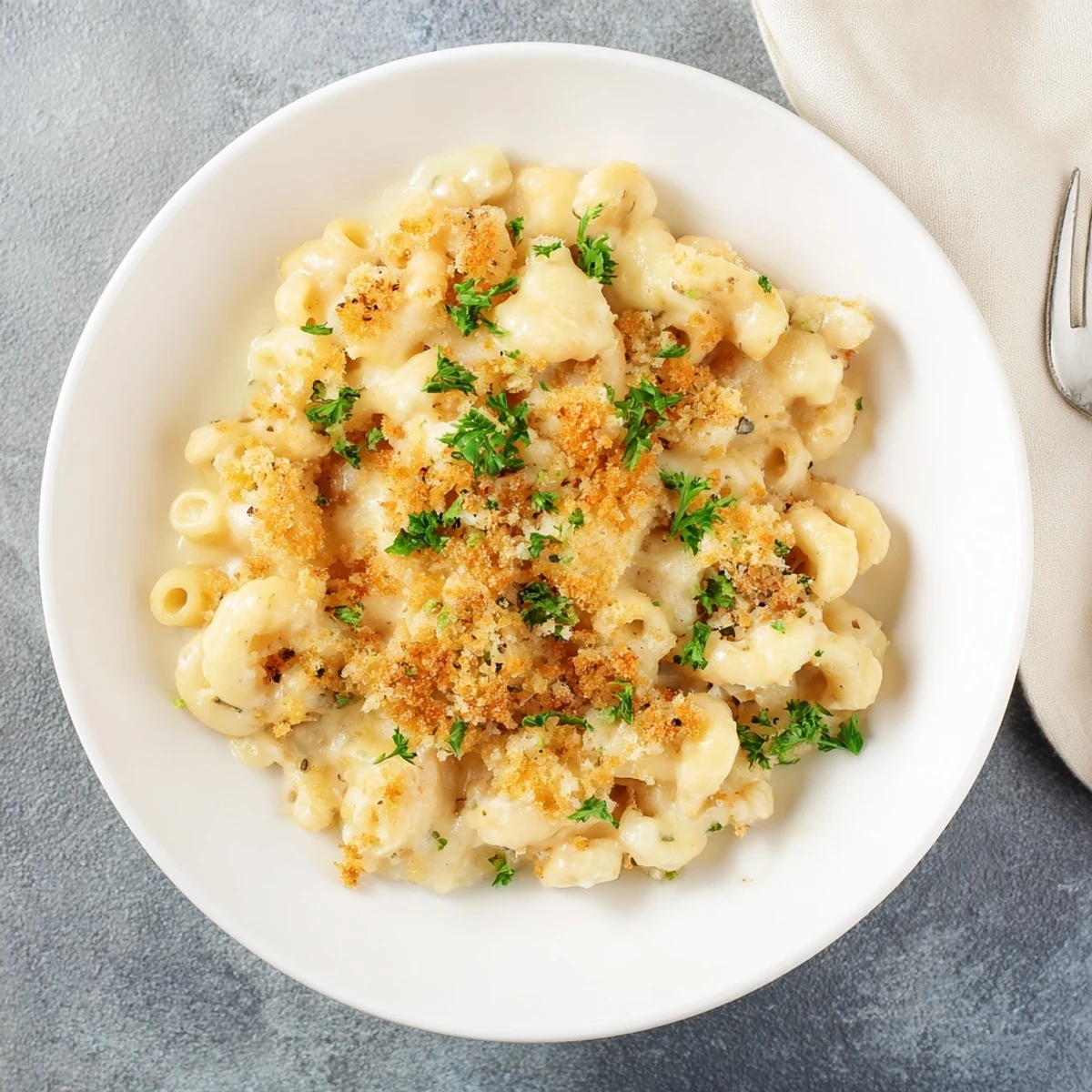 Close-up of Baked Mac and Cheese served in a white dish with fresh parsley garnish and a side salad nearby.
