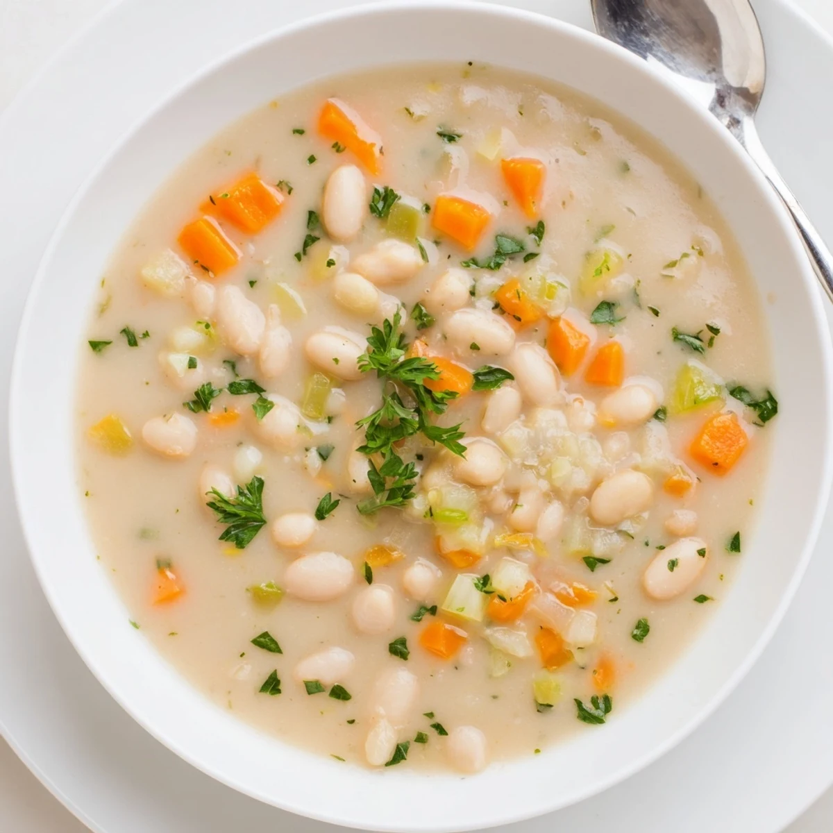 Warm Cozy Rosemary Garlic White Bean Soup in a rustic bowl with crusty bread.