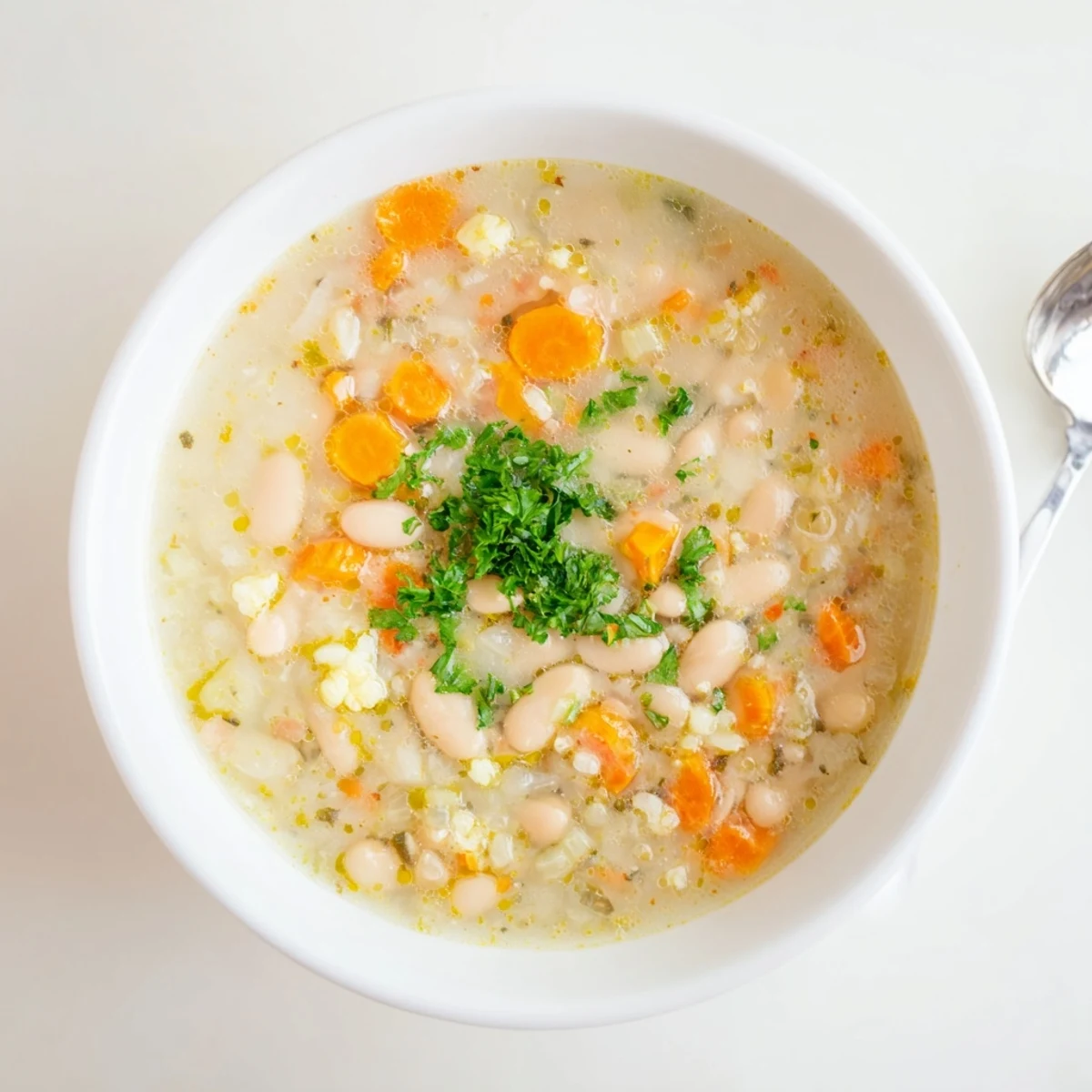 Steam rising from a hearty pot of Cozy Rosemary Garlic White Bean Soup.
