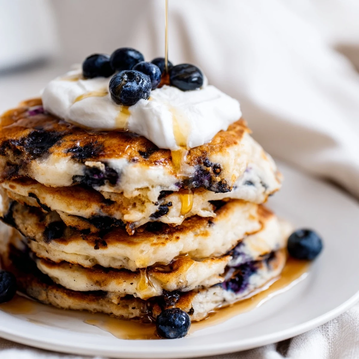 Freshly cooked Greek Yogurt Blueberry Pancakes stack high, featuring juicy blueberries peeking out of fluffy, golden-brown cakes.