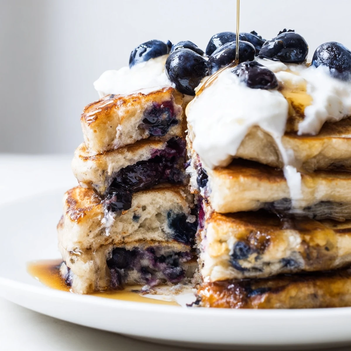 Golden Greek Yogurt Blueberry Pancakes sizzle on a griddle, ready to be served with warm maple syrup.