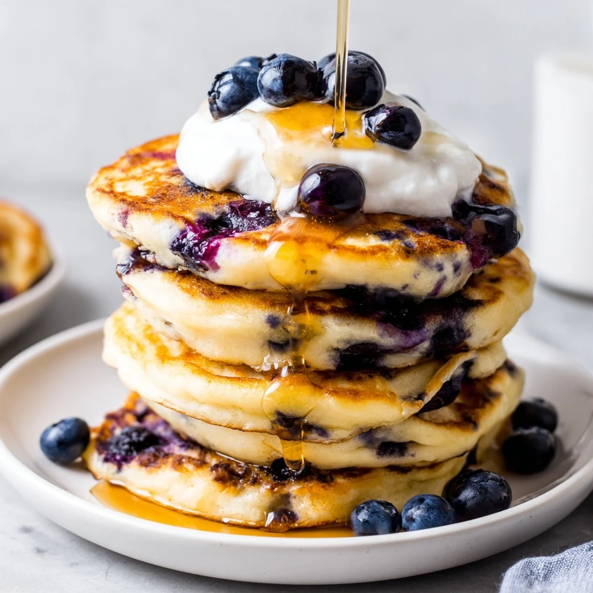 A close-up of fluffy Greek Yogurt Blueberry Pancakes studded with fresh blueberries, drizzled with syrup.