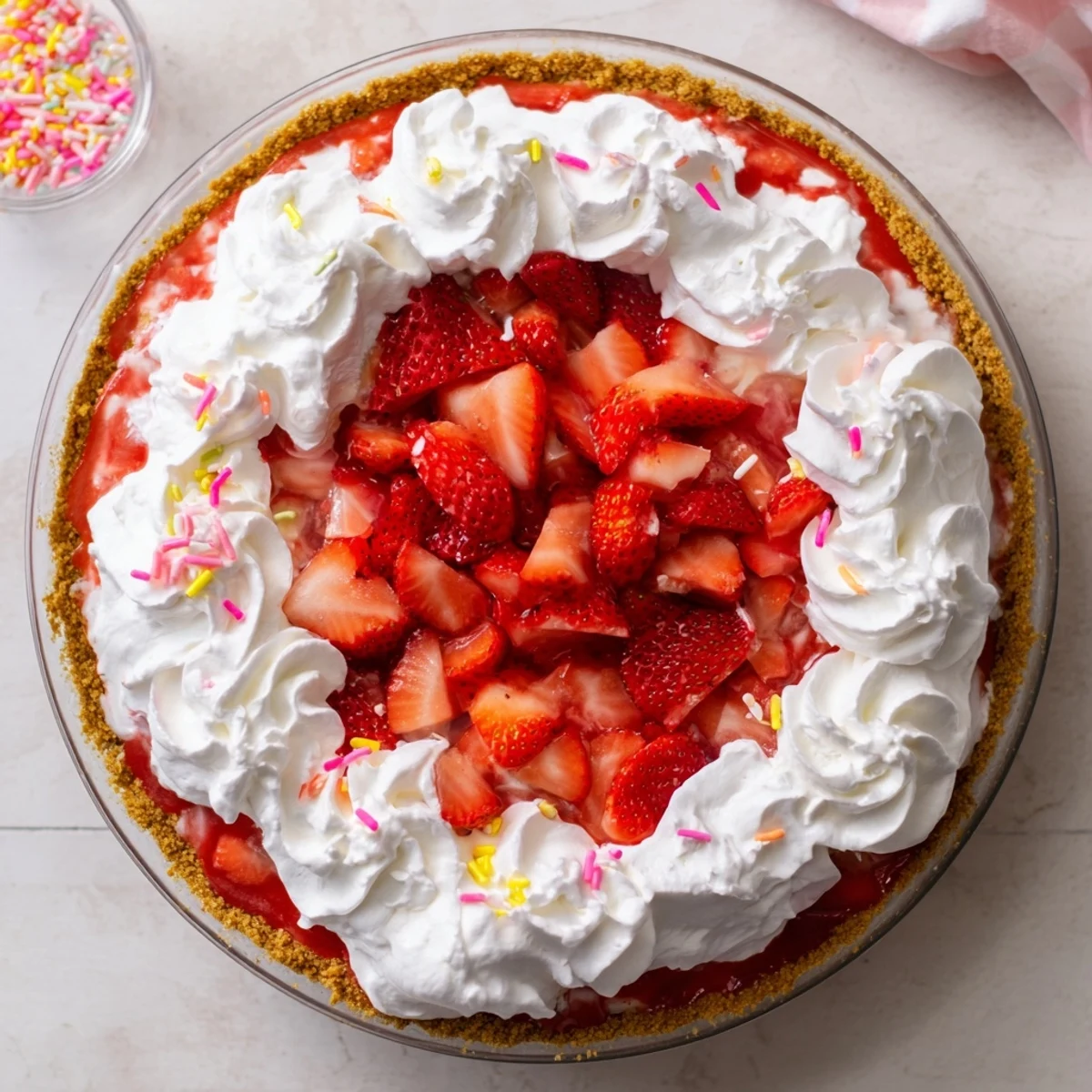 Freshly sliced strawberries garnish the creamy, no-bake Easter No Bake Jello Pie, showcasing a vibrant pink filling inside a graham cracker crust.