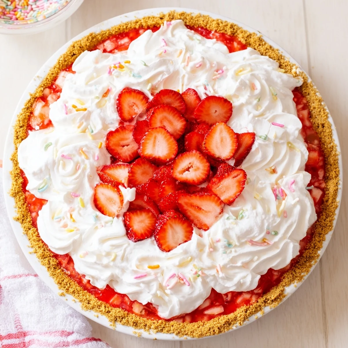 A generous dollop of whipped topping and colorful Easter sprinkles sit atop this chilled Easter No Bake Jello Pie, revealing layers of strawberry Jello and cream cheese filling.