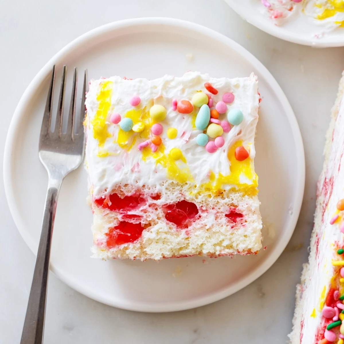 The vibrant red and yellow gelatin stripes soak into the moist vanilla cake in this Easter Poke Cake with Vanilla Gelatin and Fruity Topping.