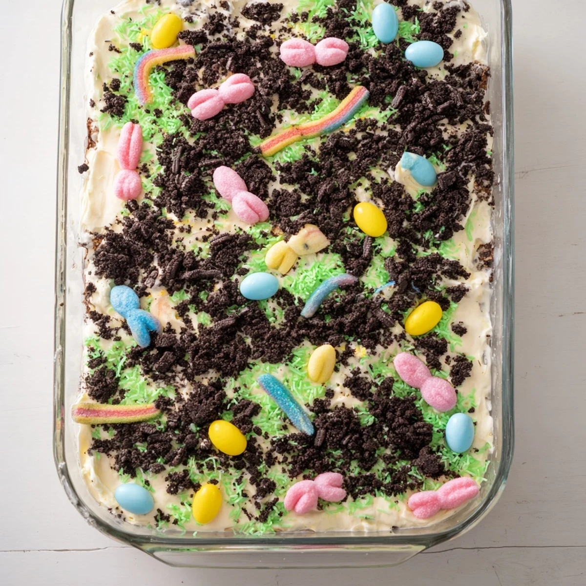 Chilled Easter Dirt Cake Casserole served in a clear dish, revealing rich Oreo crumb layers and fluffy vanilla pudding filling.