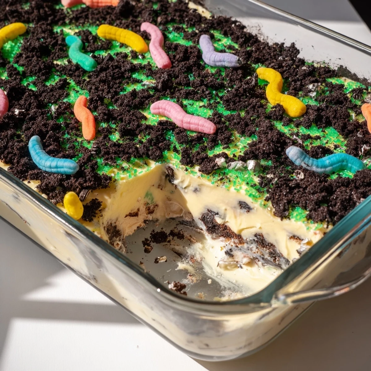 A close-up view of Easter Dirt Cake Casserole topped with gummy worms and candy eggs over creamy pudding layers.