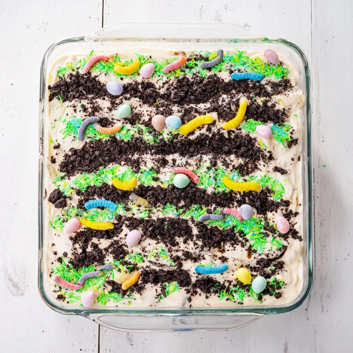 Spring-themed Easter Dirt Cake Casserole dessert with green-dyed coconut grass, candy eggs, and gummy worms for a whimsical touch.