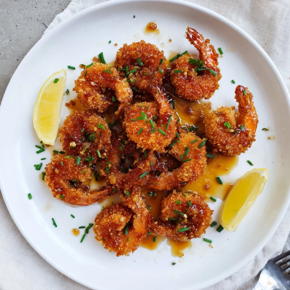 Hot Honey Fried Shrimp piled high, glistening with a sweet and spicy glaze and topped with fresh chives.