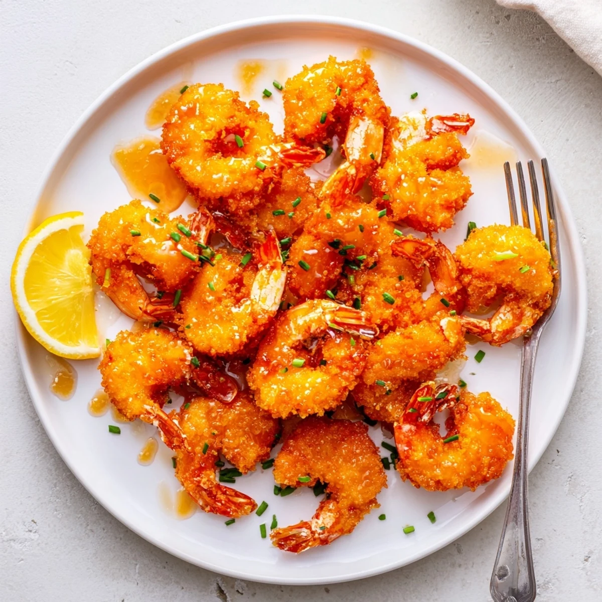 Crispy golden Hot Honey Fried Shrimp tossed in a spicy glaze, served with lemon wedges on a platter.