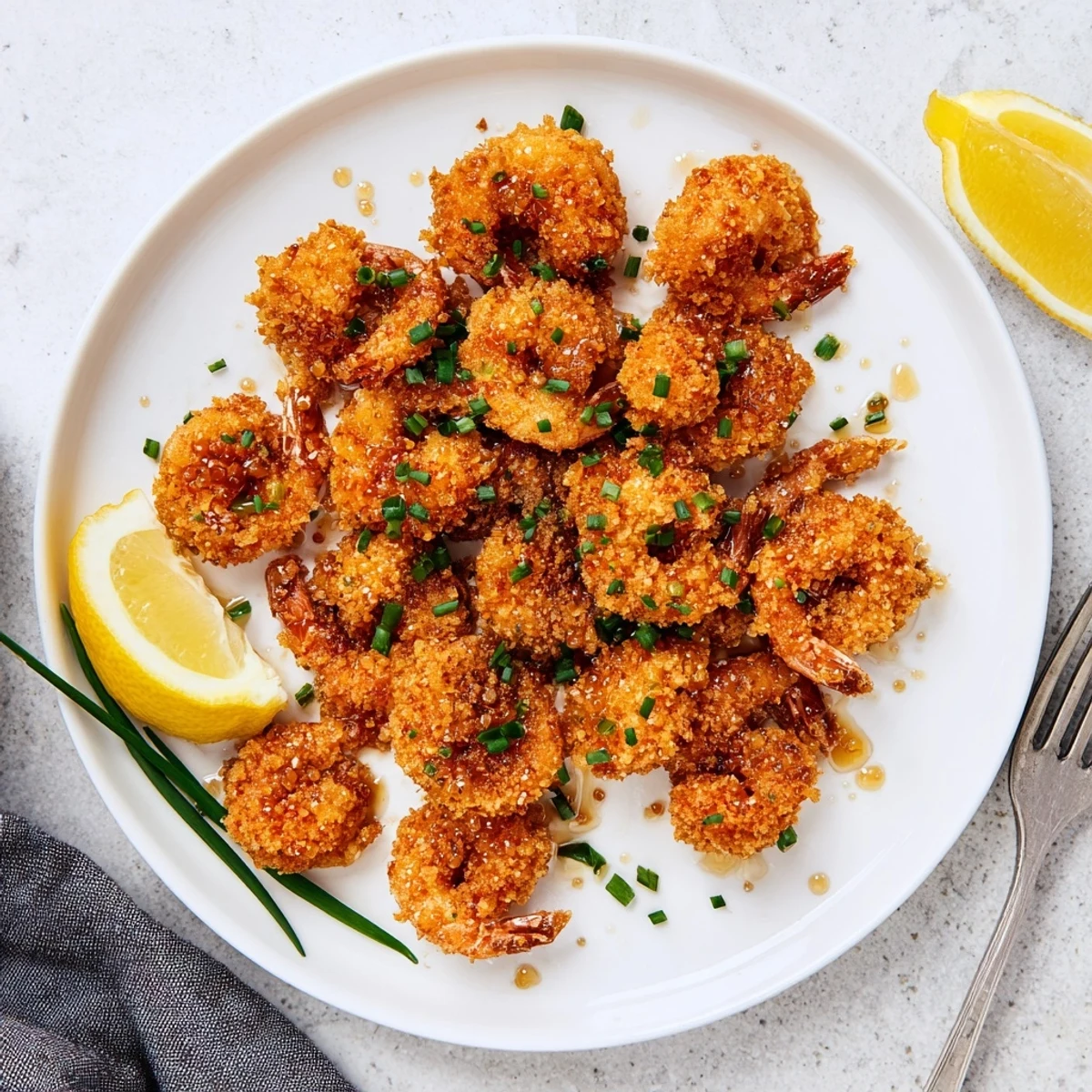 Fork holding a Hot Honey Fried Shrimp bite, crunchy breading and sweet heat glaze, perfect as an appetizer.