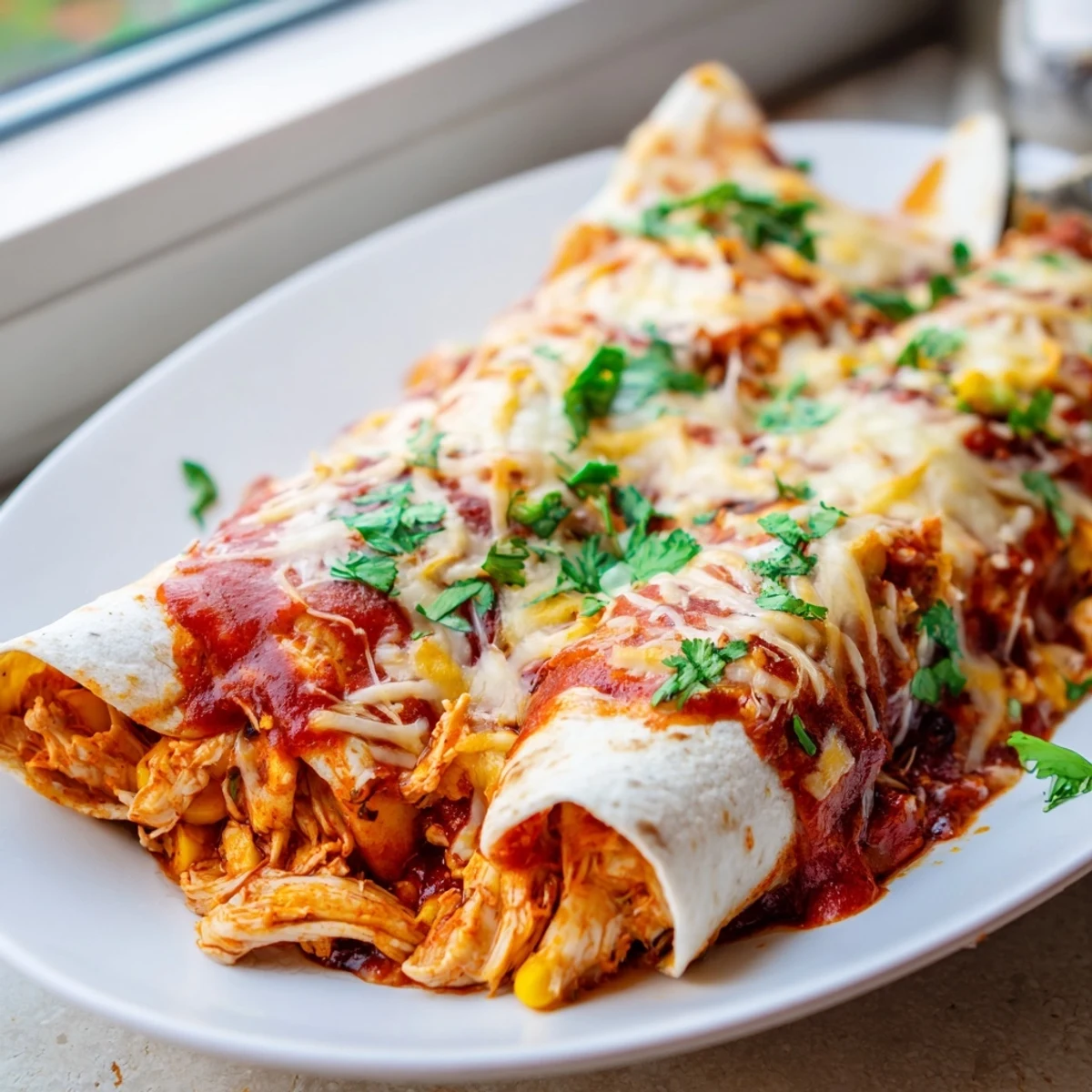 Tender shredded chicken, beans, and corn fill soft tortillas smothered in a zesty enchilada sauce for a comforting Mexican-style dinner.