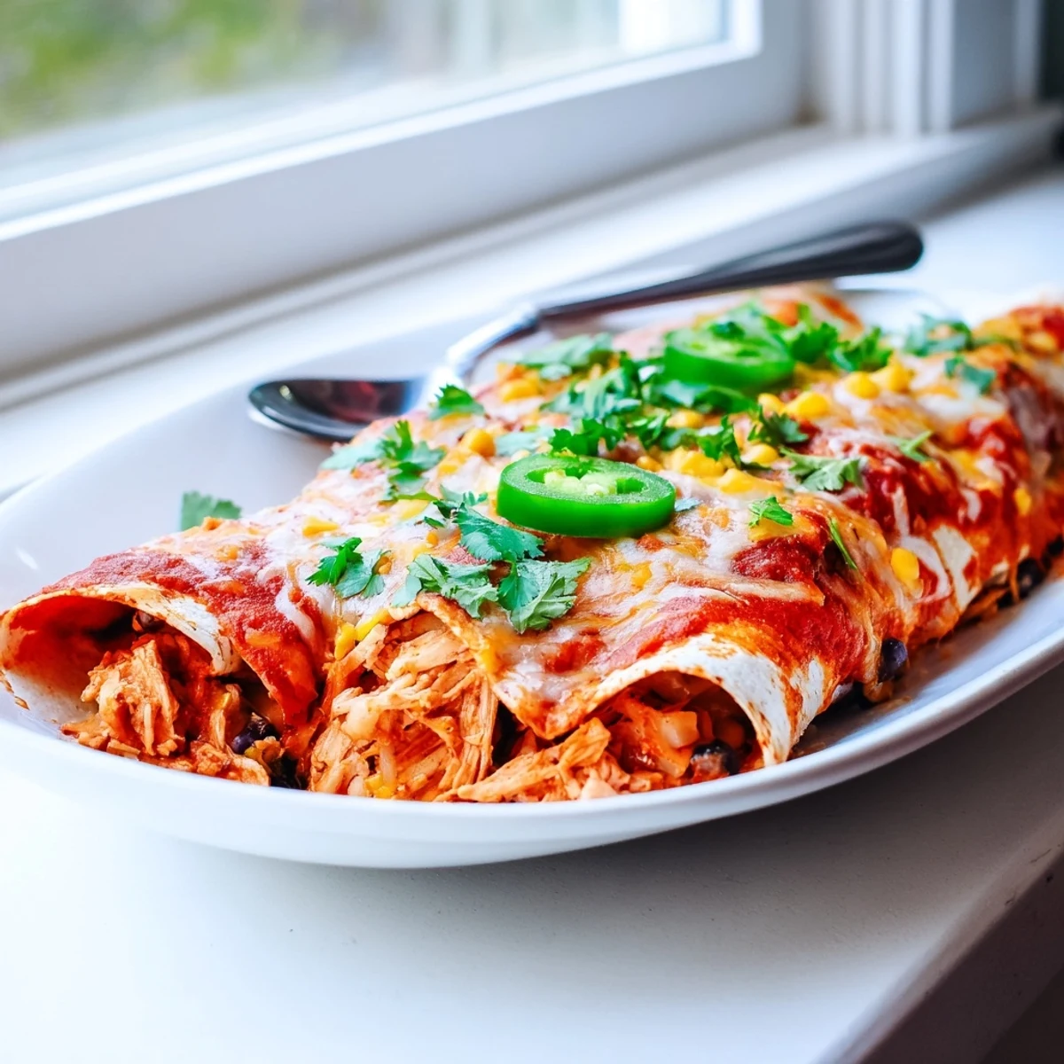 Golden-baked Chicken Enchiladas are topped with melted cheese, cilantro, and jalapeño slices in a baking dish.
