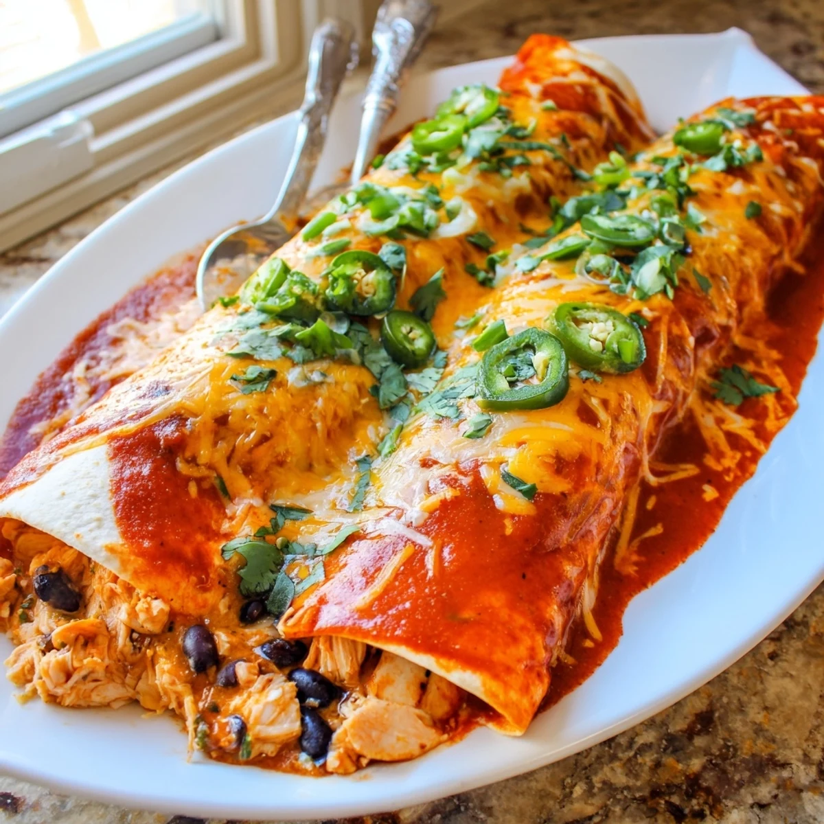 Freshly garnished Chicken Enchiladas are served with sour cream on the side, perfect for a family-style weeknight meal.