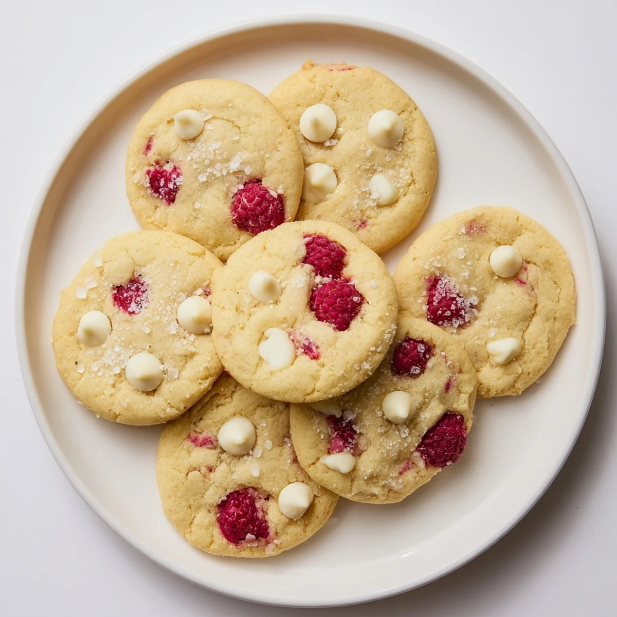 Golden lemon raspberry cookies with scattered white chocolate chips on a wire cooling rack