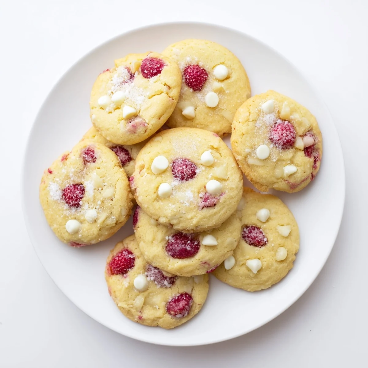 Soft baked lemon raspberry cookies topped with coarse sugar and fresh raspberry pieces
