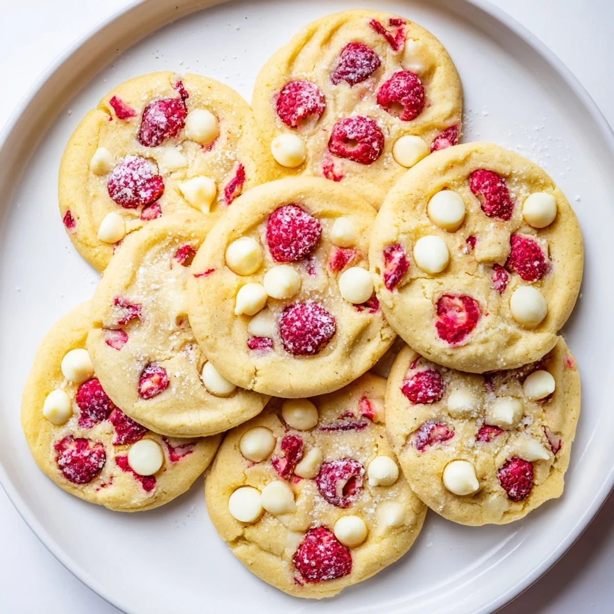 Plate of zesty lemon raspberry cookies garnished with lemon zest and whole raspberries
