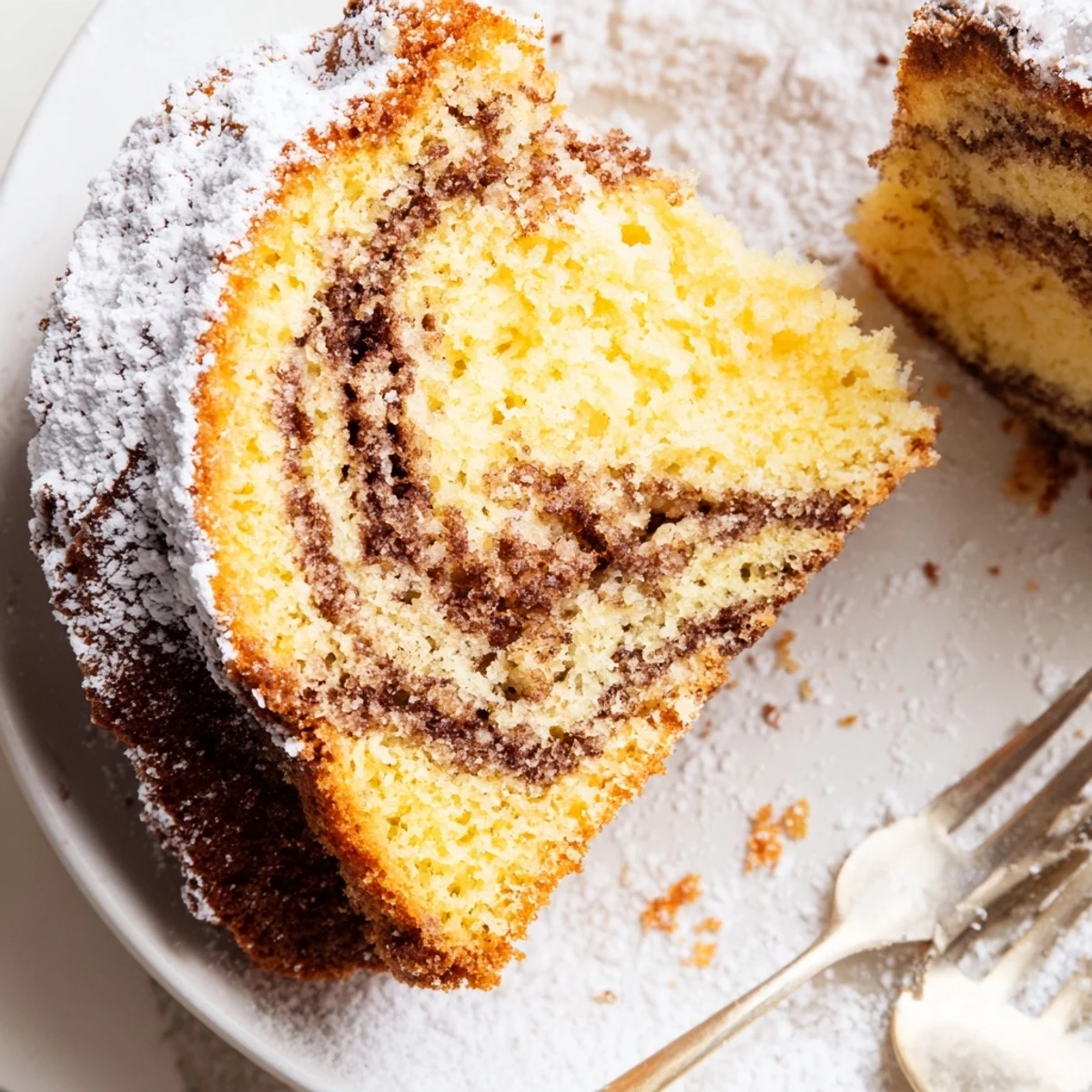 Tender cinnamon-swirled easy breakfast Bundt coffee cake served on a white plate with coffee