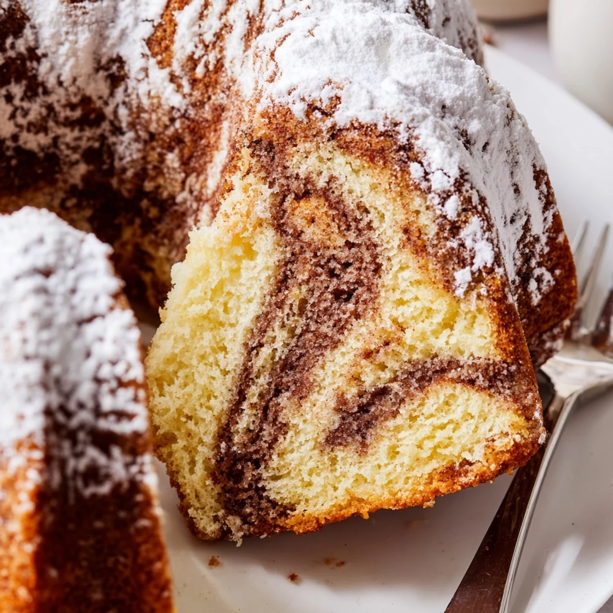 Golden brown easy breakfast Bundt coffee cake with cinnamon swirl and powdered sugar dusting