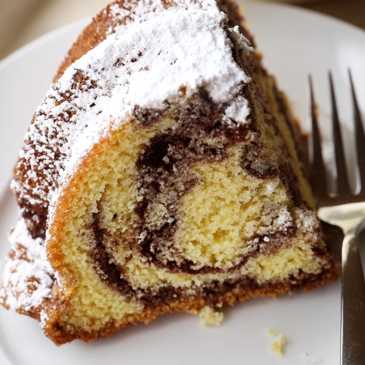 Sliced easy breakfast Bundt coffee cake revealing moist cinnamon layers and nutty streusel topping