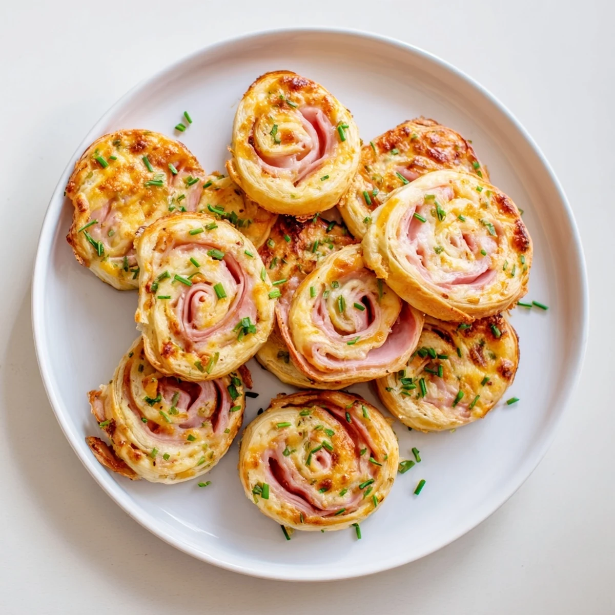 Flaky pastry spiral rolls stuffed with smoky ham and melted sharp cheddar cheese