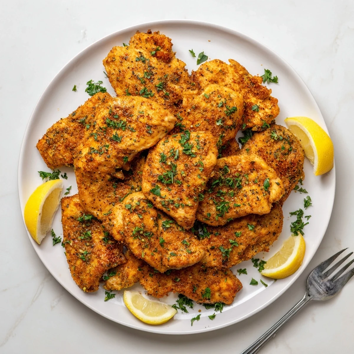 Golden brown air fryer lemon chicken bites arranged on a white serving plate with fresh parsley garnish and lemon wedges