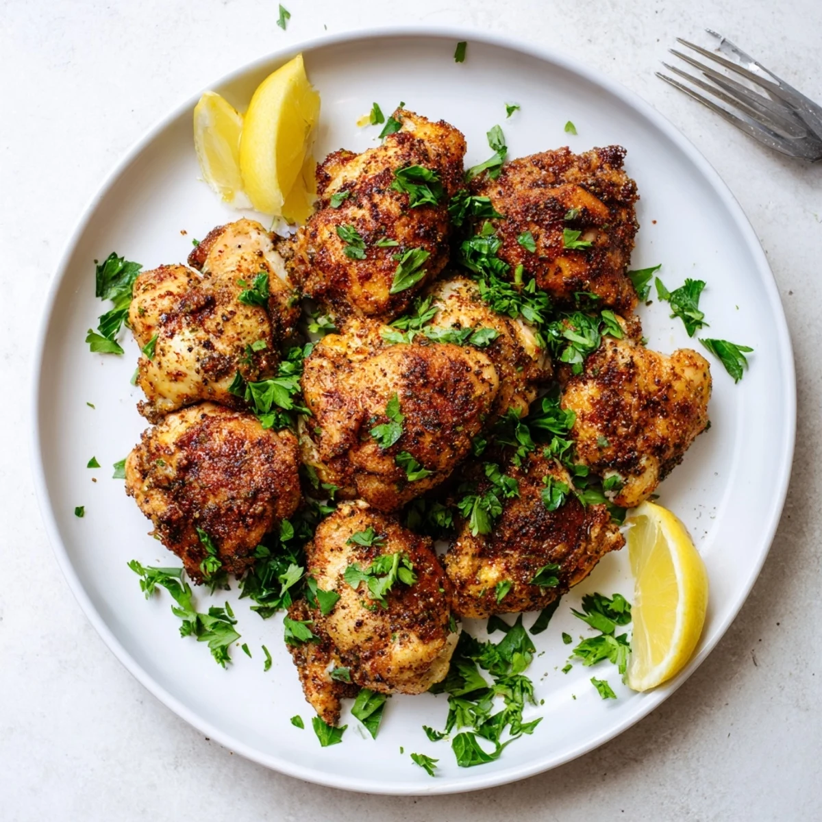 Crispy golden chicken pieces fresh from the air fryer basket showcasing tender meat and zesty lemon herb coating
