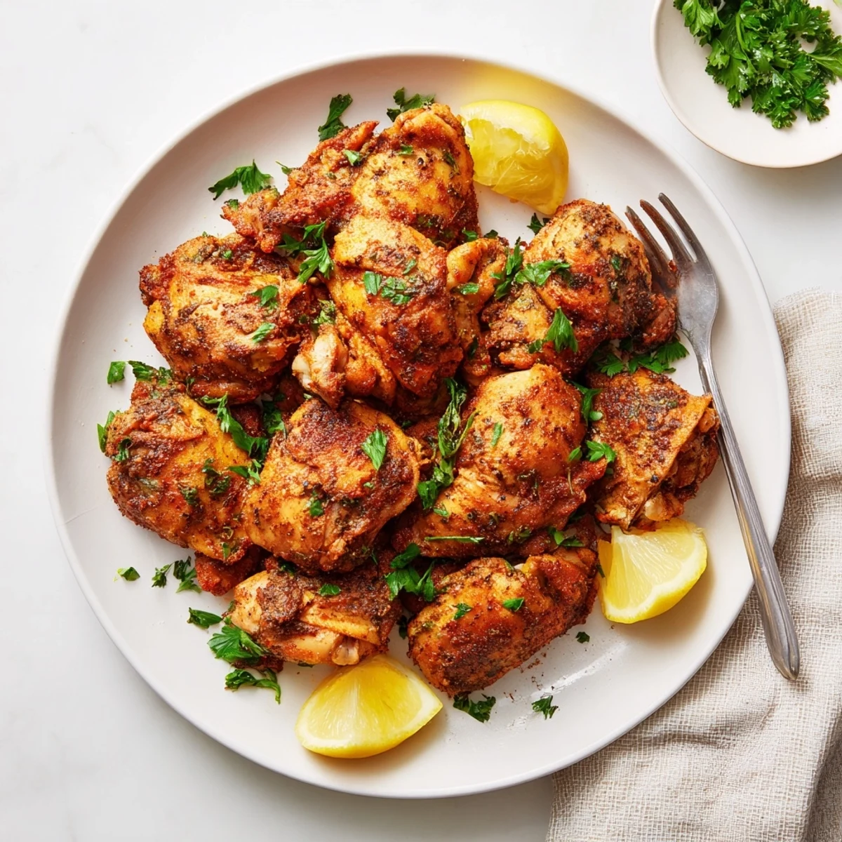 Close-up of tender juicy lemon chicken bites marinated in garlic and herbs served with bright lemon wedges on a platter