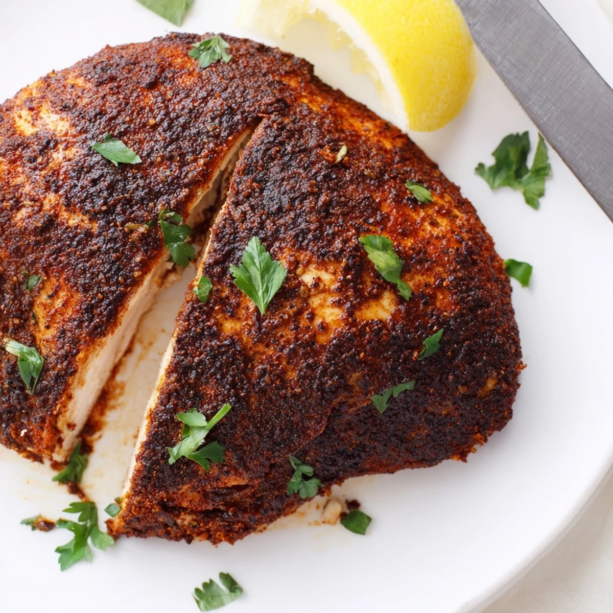 Golden brown blackened chicken breast with dark spicy crust on white plate