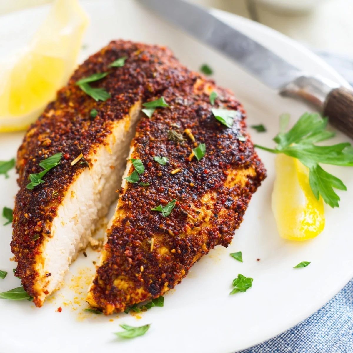 Cast iron skillet sizzling with spice crusted blackened chicken pieces cooking
