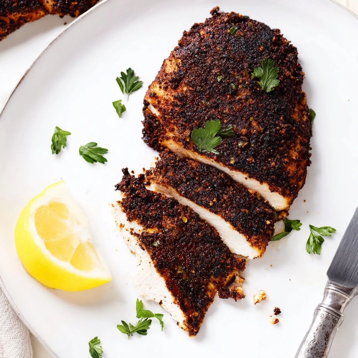 Sliced blackened chicken revealing juicy interior with fresh parsley and lemon garnish