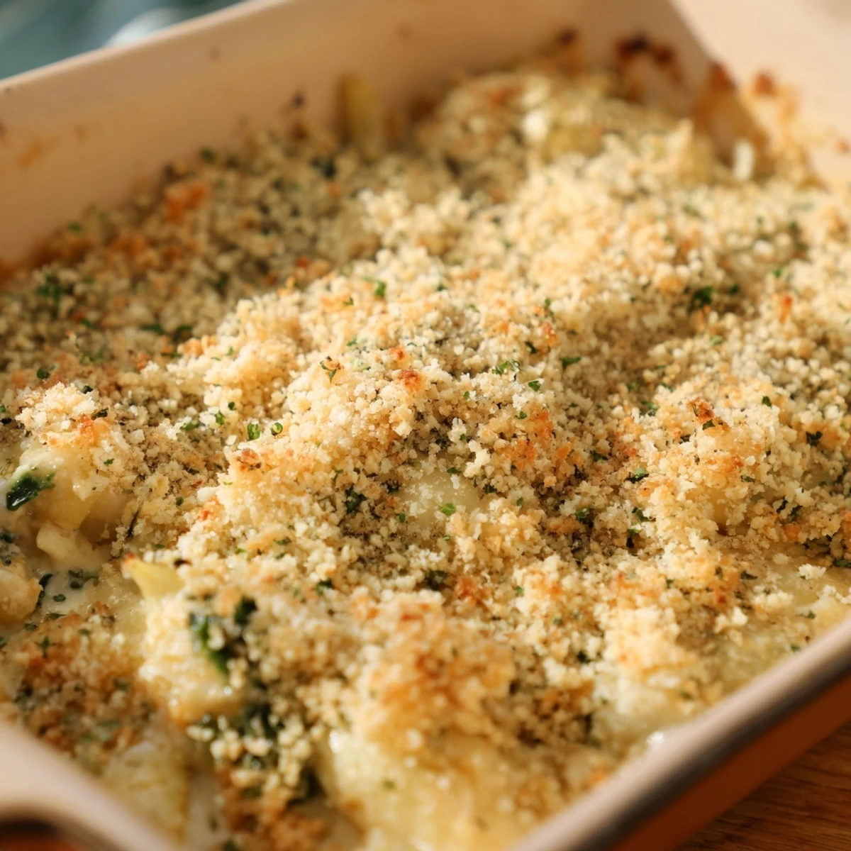 Golden brown high protein spinach and artichoke chicken casserole with bubbling cheese topping