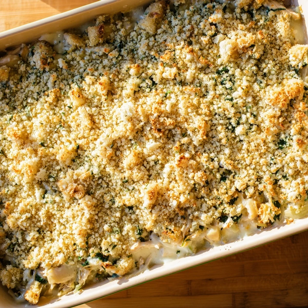 Creamy baked chicken casserole featuring melted mozzarella, spinach, artichokes, and crispy parmesan breadcrumbs