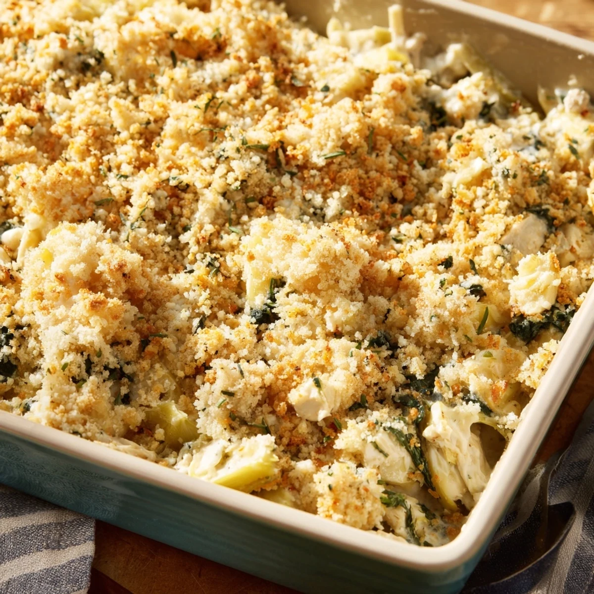 Scoop of protein-rich spinach artichoke chicken casserole served hot with golden crumb topping