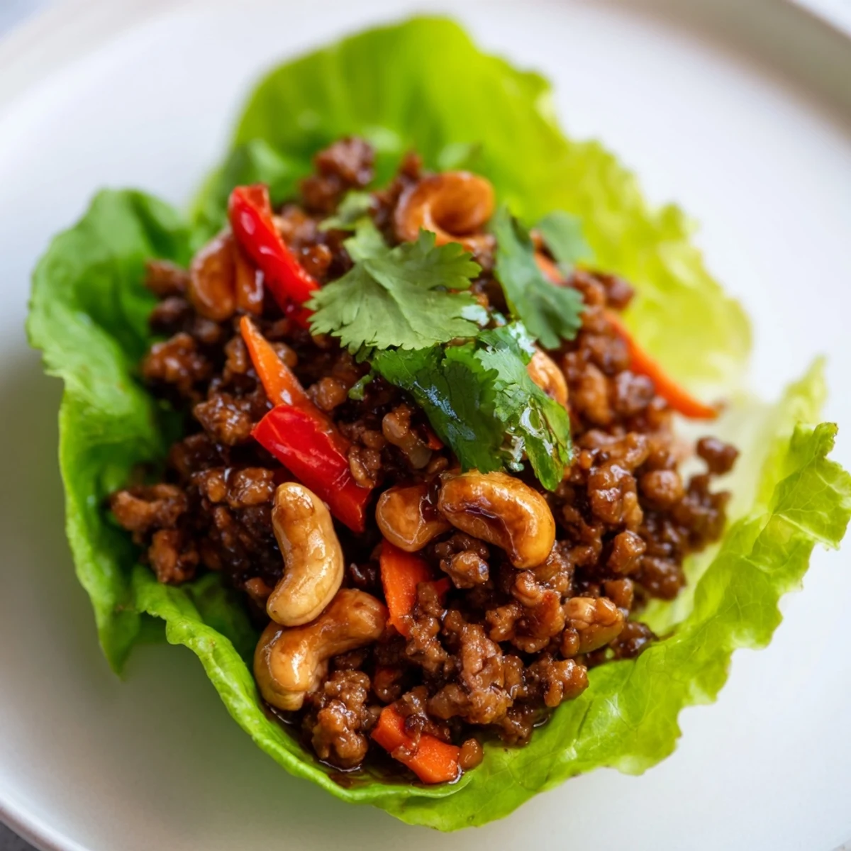 Fresh Asian-inspired appetizer featuring browned beef mixture served in cool crisp lettuce leaves