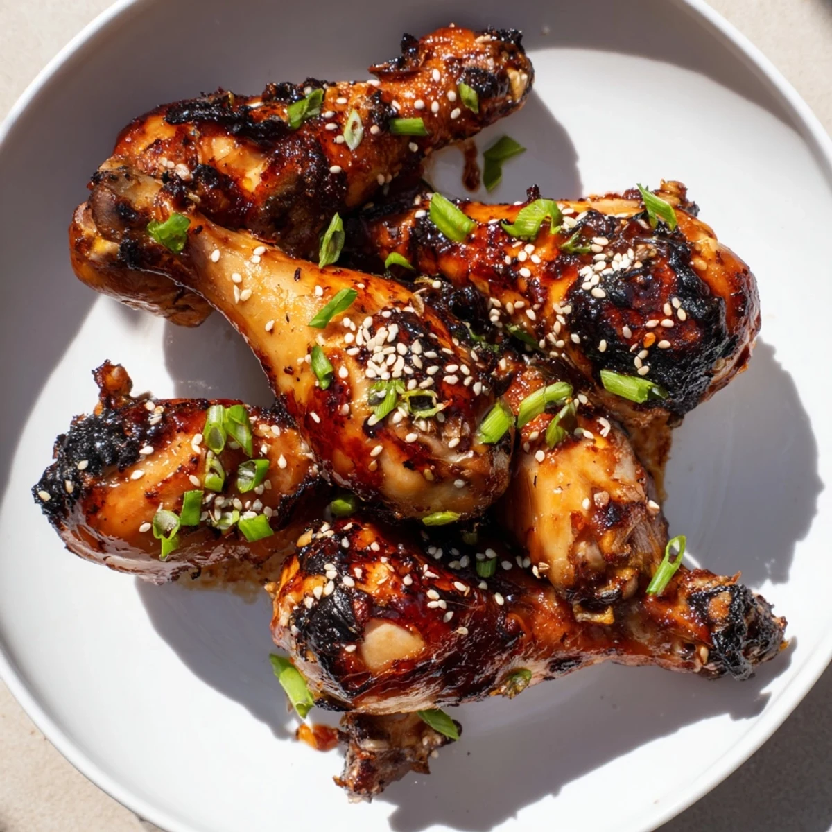 Tender baked chicken drumsticks brushed with sweet garlic honey glaze and sesame seeds