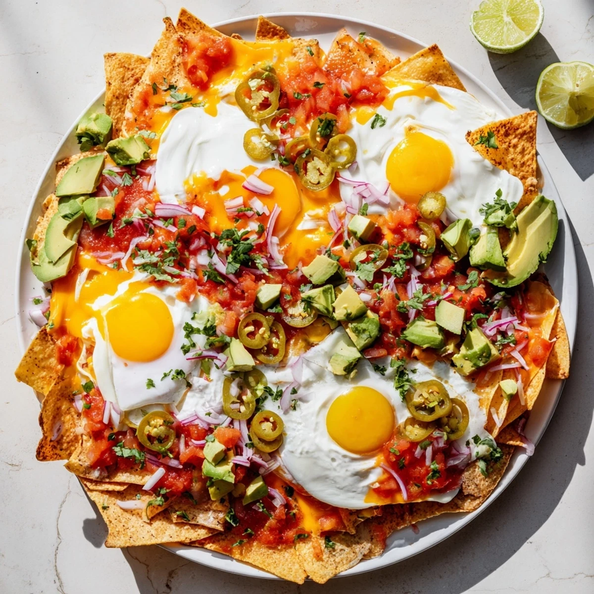 Crispy Mexican egg nachos topped with melted cheddar, fresh avocado, and sunny-side up eggs