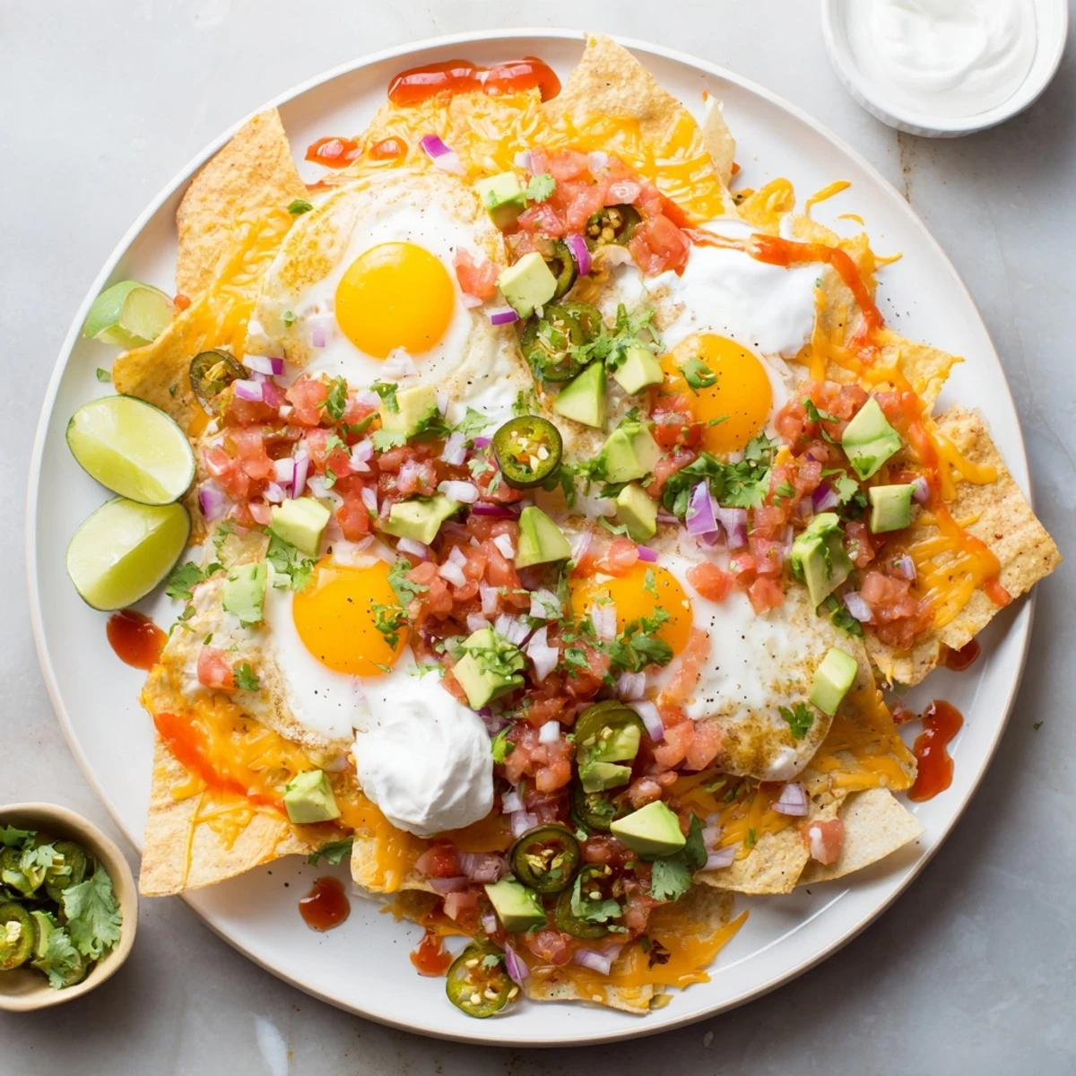 Golden tortilla chips layered with cheese, salsa, and perfectly cooked eggs for a festive breakfast
