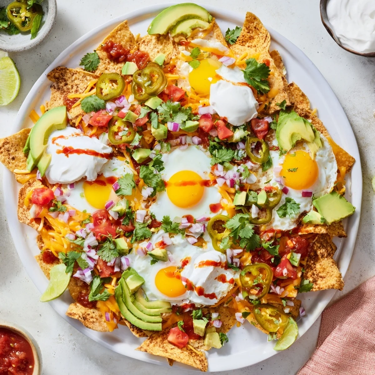 Colorful plate of Mexican egg nachos featuring runny yolks, cilantro, sour cream, and lime