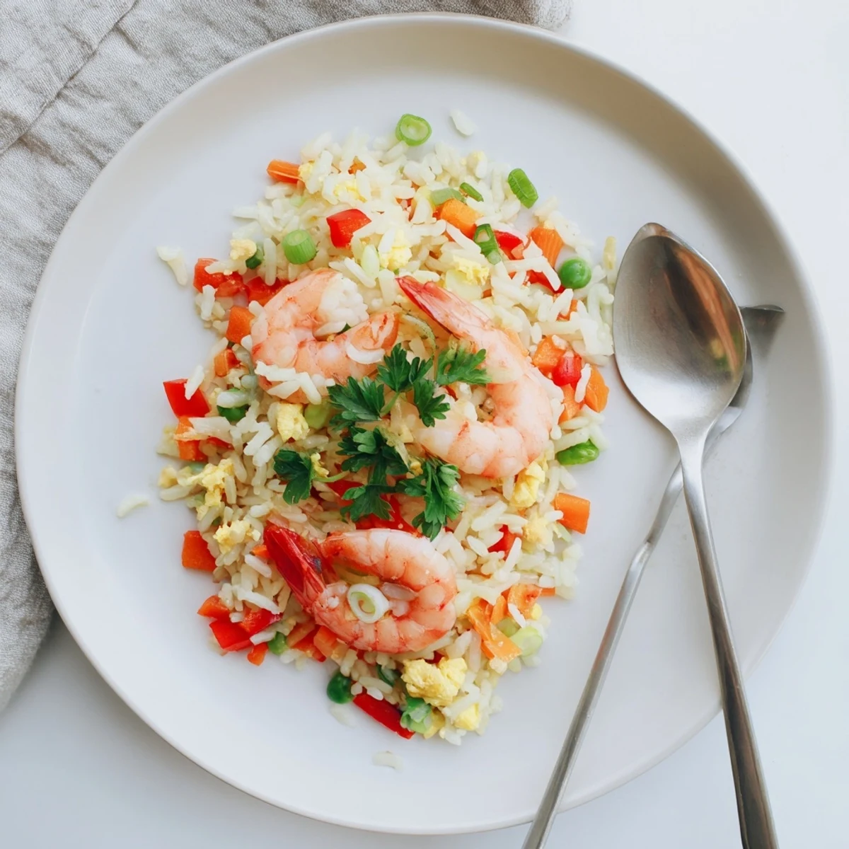 Plate of Asian-inspired garlic prawns and sweet chilli fried rice featuring tender shrimp and vibrant diced vegetables