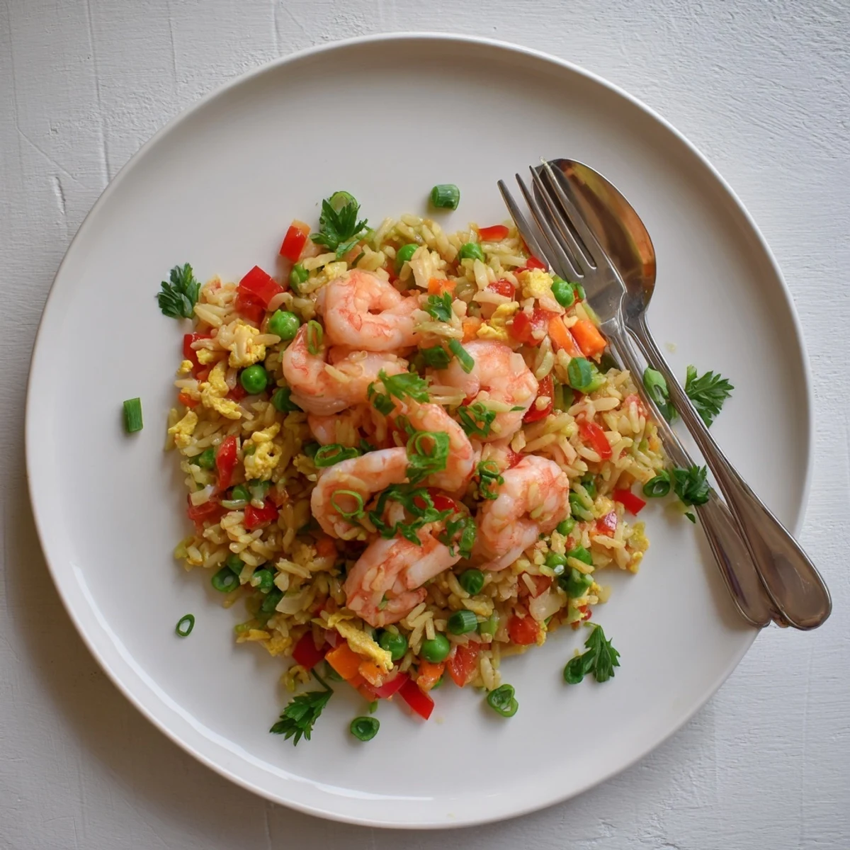 Sizzling garlic prawns served over sweet chilli fried rice with peas, carrots, and spring onions scattered throughout