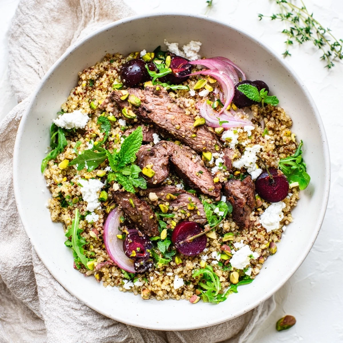 Colorful bowl of cherry quinoa salad with lamb featuring red cherries and fresh herbs