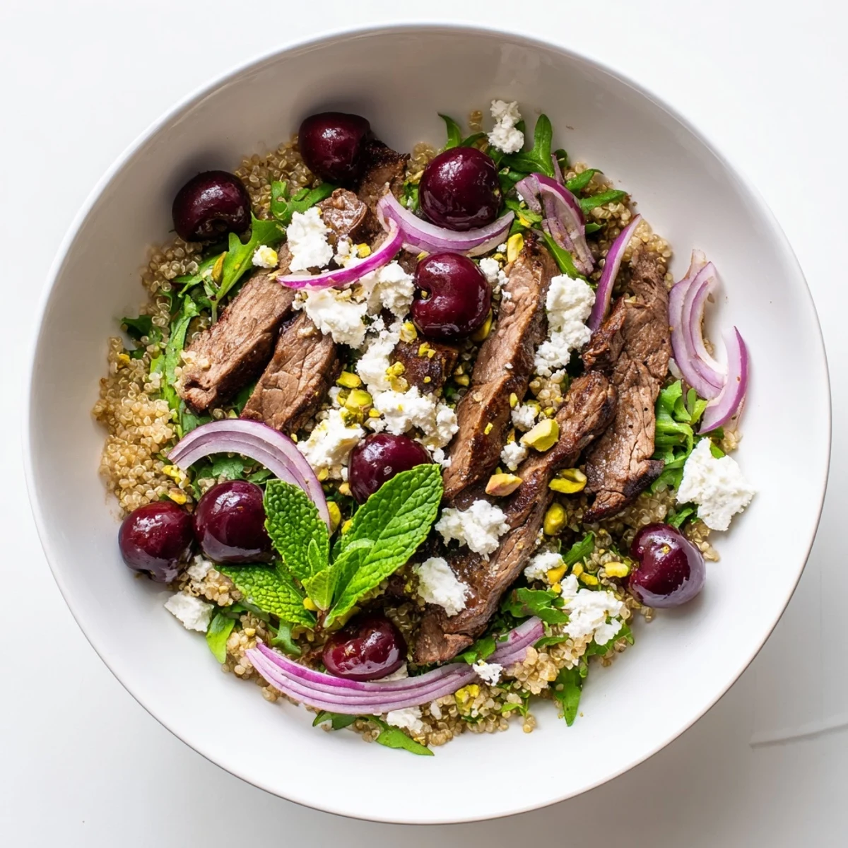 Mediterranean-style cherry quinoa salad with lamb topped with crumbled feta and pistachios